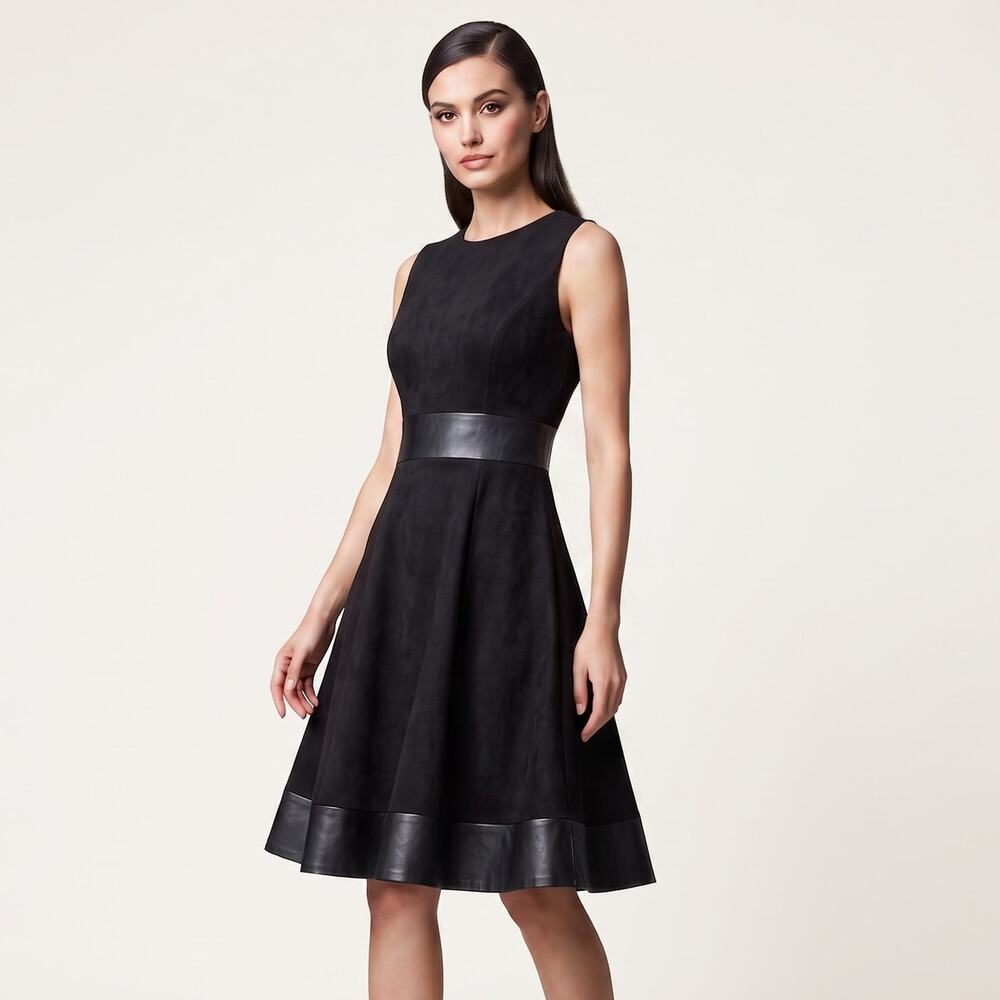 Calvin Klein Faux Suede Leather Trim Fit Flare Dress Black Sleeveless Womens 2